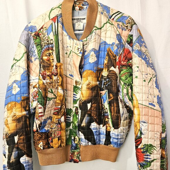 Begedor vtg quilted silk bomber jacket native meso-Americans Columbus jaguars - Picture 2 of 13